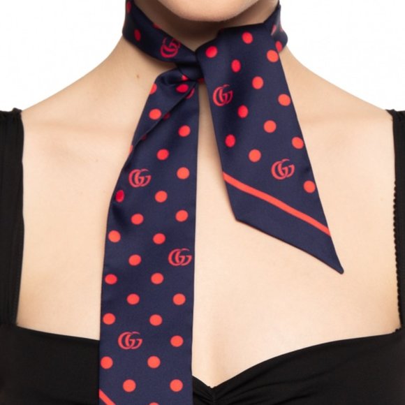 Gucci Navy Neck Bow with Red Polka Dots and Interlocking GG Twilly Scarf New - Picture 1 of 4